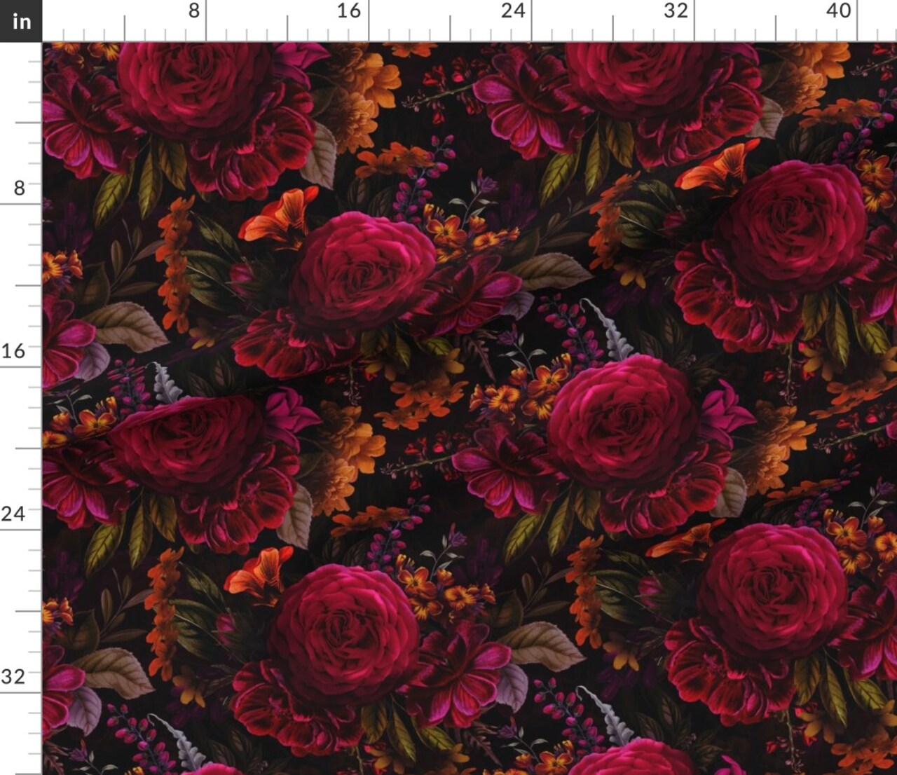 Moody Floral Gothic Flower Maximalist Bouquet Dark Red English Rose Nostalgic Large Scale Custom Printed Fabric by Spoonflower Various Fabrics by the Yard or Fat Quarter